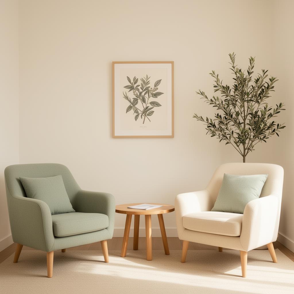 Dois poltronas confortáveis em ambiente clínico acolhedor com planta de oliveira